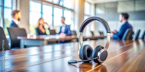 A sleek, modern wireless headset sits on a clutter-free desk amidst a blurred conference room background, conveying focus and professionalism in remote business discussions. photo