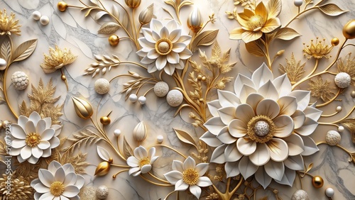 Fototapeta Naklejka Na Ścianę i Meble -  Luxurious 3D wallpaper featuring intricate gold and white flowers blooming on a stunning white marbled texture background, evoking organic sculpture-inspired elegance.