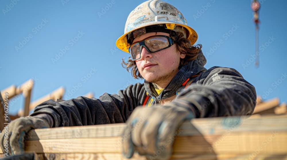 Young construction worker taking a break under clear blue sky during afternoon project Young construction worker taking a break under clear blue sky during afternoon project