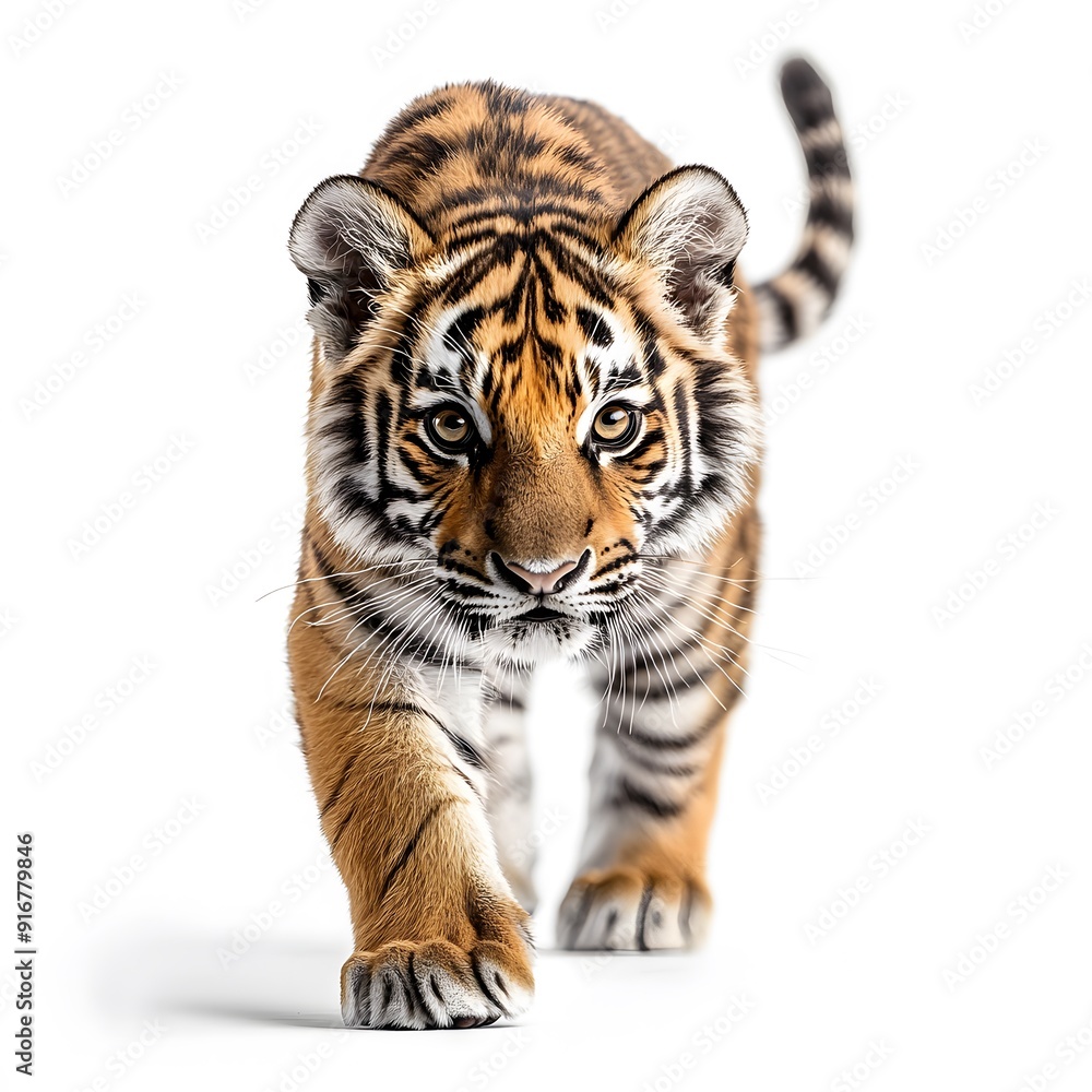 Fototapeta premium Bengal tiger walking towards prey on white background
