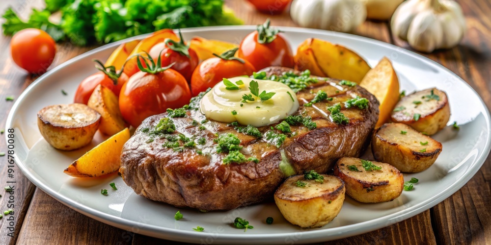 Juicy sirloin steak, topped with garlic butter and fresh parsley, served on a white plate with a side of roasted vegetables and crispy potatoes.
