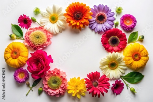 Vibrant colorful flowers arranged in a circular pattern on a white background, creating a stunning and harmonious composition with soft petals and delicate stems.