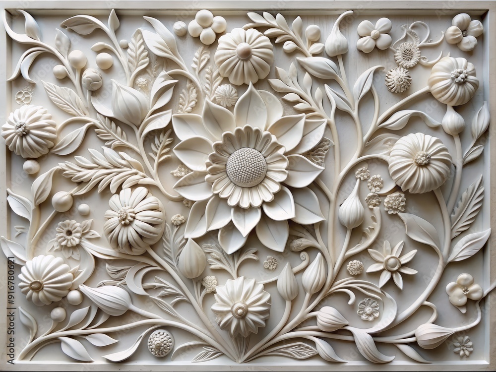Intricately carved elegant white floral bas-relief wall panel featuring three-dimensional blooming flowers with delicate petals and leaves in a beautiful ornate design. Intricately carved elegant white floral bas-relief wall panel featuring three-dimensional blooming flowers with delicate petals and leaves in a beautiful ornate design.