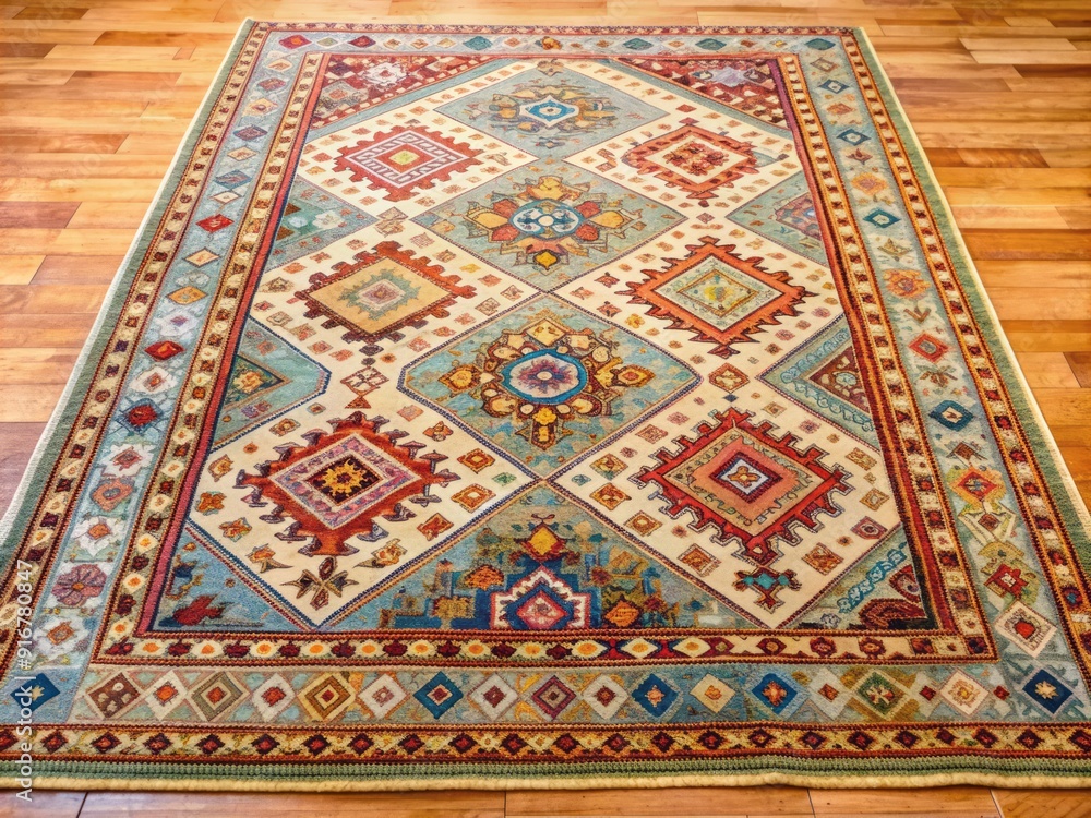 Intricately patterned and vibrant Turkish rug with soft pastel hues and ornate geometric motifs lies elegantly on a polished wooden floor in a serene atmosphere. Intricately patterned and vibrant Turkish rug with soft pastel hues and ornate geometric motifs lies elegantly on a polished wooden floor in a serene atmosphere.