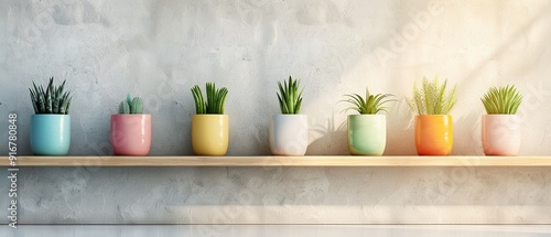 A wooden shelf filled with multicolor potted plants, naturethemed decorations, realistic, bright hues, natural light, high detail 8K , high-resolution, ultra HD,up32K HD photo