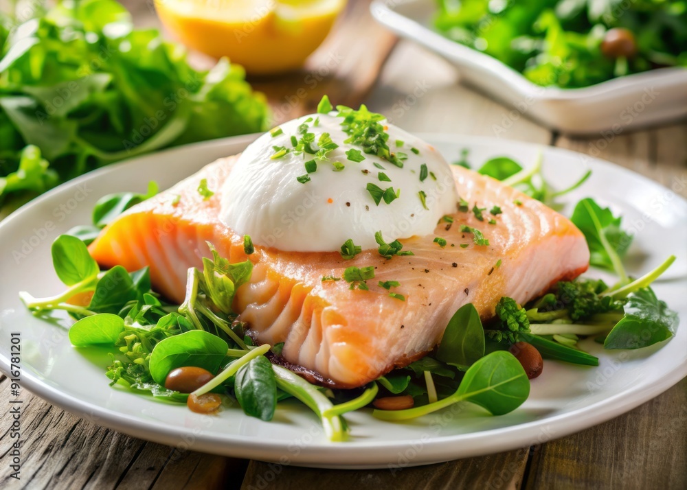 Freshly cooked salmon fillet topped with a poached egg and garnished with chopped parsley, sitting on a bed of mixed greens on a white plate. Freshly cooked salmon fillet topped with a poached egg and garnished with chopped parsley, sitting on a bed of mixed greens on a white plate.