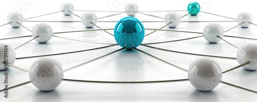 Abstract illustration of a network with interconnected spheres. One sphere is blue, representing a central hub or connection point.