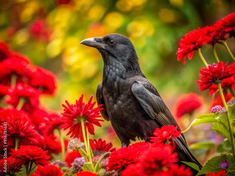 Mysterious black raven perches amidst vibrant red flowers, surrounded by lush greenery, in a serene and enchanting atmosphere of beauty and contrasting colors. Mysterious black raven perches amidst vibrant red flowers, surrounded by lush greenery, in a serene and enchanting atmosphere of beauty and contrasting colors.