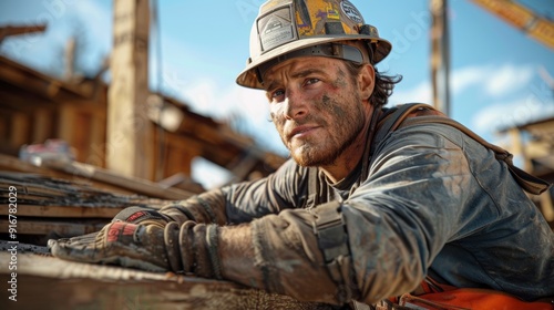 Construction worker focused on his task amidst a busy building site during daylight hours