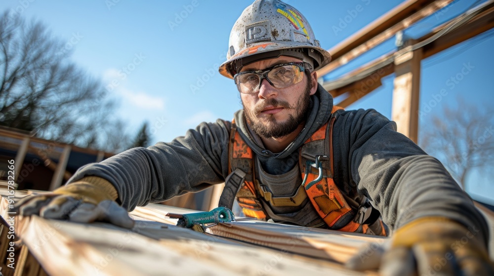 A construction worker carefully measures wood on a building site during sunny weather in early afternoon A construction worker carefully measures wood on a building site during sunny weather in early afternoon
