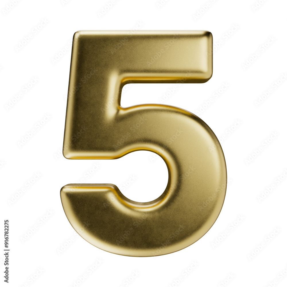 Volumetric golden number five, isolated on a transparent background. 3D digit 5 in metal with a matte texture. Photorealistic render. Volumetric golden number five, isolated on a transparent background. 3D digit 5 in metal with a matte texture. Photorealistic render.