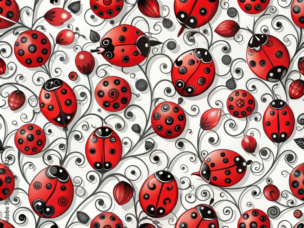 Whimsical seamless pattern of red ladybugs with black spots on white background, overlapping and swirling in an infinite ornate design, perfect for textiles and crafts. Whimsical seamless pattern of red ladybugs with black spots on white background, overlapping and swirling in an infinite ornate design, perfect for textiles and crafts.