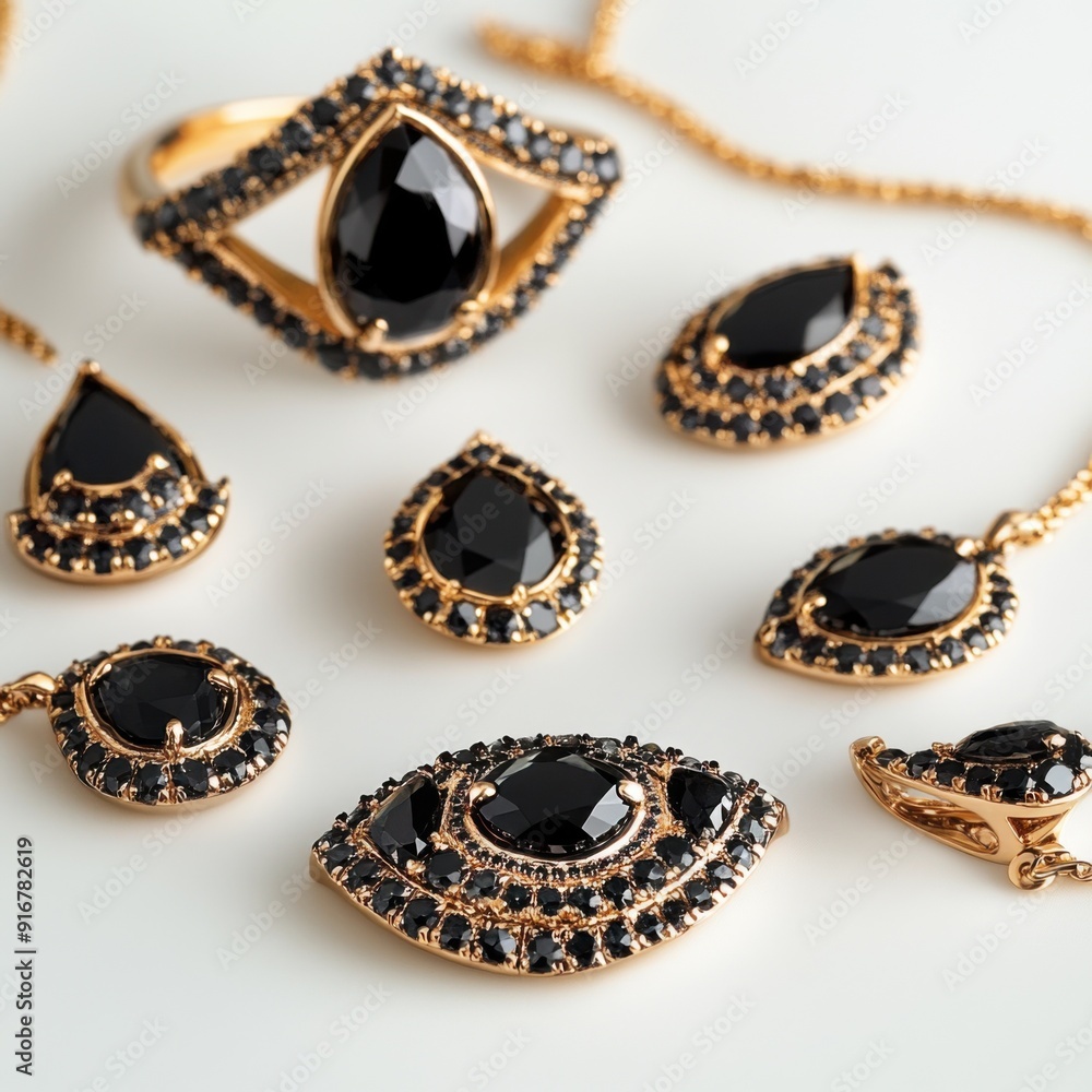 Black Onyx Gold Elegance: A stunning jewelry set featuring intricate designs of black onyx gemstones and sparkling diamonds, set in gleaming gold. Black Onyx Gold Elegance: A stunning jewelry set featuring intricate designs of black onyx gemstones and sparkling diamonds, set in gleaming gold.