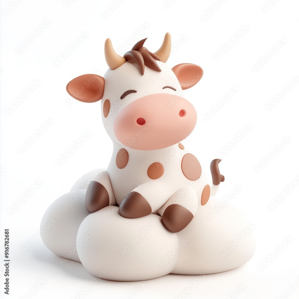 Fototapeta premium A cartoon cow is sitting on a cloud