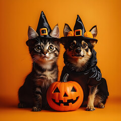 cat and dog, wearing costume for halloween. friend with orange backgound. halloween theme.