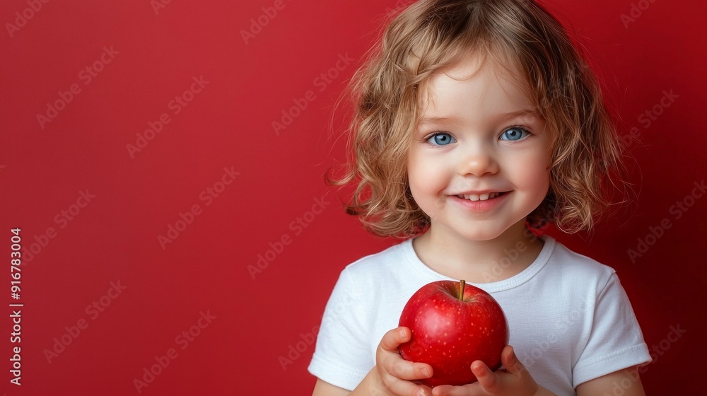 Portrait of smiling cherubic blue-eyed little girl with short curly fair hair wearing white T-shirt, holding red apple, standing on red background. Studio. Healthy food, vitamins, childhood, summer. Portrait of smiling cherubic blue-eyed little girl with short curly fair hair wearing white T-shirt, holding red apple, standing on red background. Studio. Healthy food, vitamins, childhood, summer.