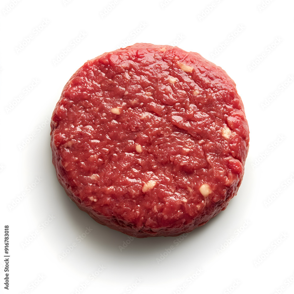 Top view close-up of uncooked beef burger patty isolated on a white background Top view close-up of uncooked beef burger patty isolated on a white background
