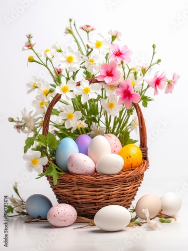 Easter colored eggs and bouquet of beautiful flowers in a wicker basket on white background.