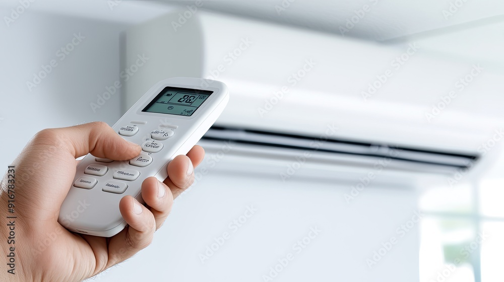 A hand reaches for the remote control to turn on the air conditioner in a bright, clean room, creating a comfortable environment A hand reaches for the remote control to turn on the air conditioner in a bright, clean room, creating a comfortable environment