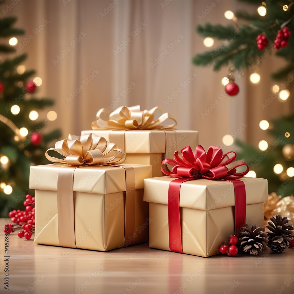 Christmas gifts wrapped in gold paper with satin bows are beautifully arranged among pine branches and cones. Ai generated Christmas gifts wrapped in gold paper with satin bows are beautifully arranged among pine branches and cones. Ai generated