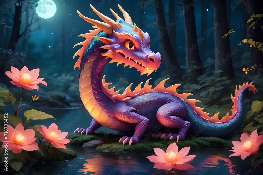 Purple Dragon in Moonlight Forest. Purple Dragon in Moonlight Forest.