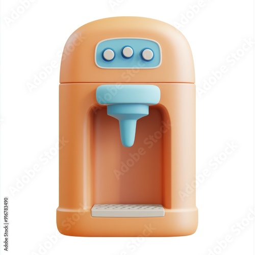 A cartoonish orange coffee maker with a blue top and a blue handle