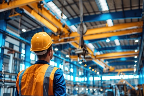 An industrial worker in a yellow hard hat and safety vest looks up at a crane in a large, brightly lit factory.