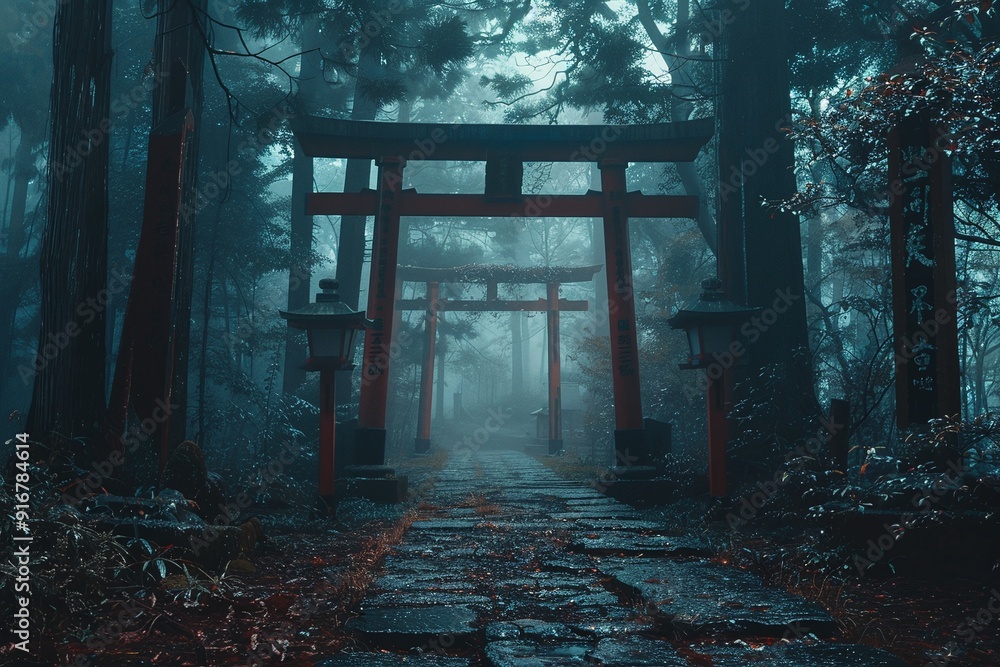 ai generative Torii gate in the dark forest of Japan Stock Illustration ...