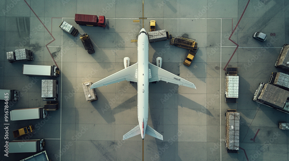Airborne Efficiency: Aerial View of Cargo Unloading at the Airport Airborne Efficiency: Aerial View of Cargo Unloading at the Airport