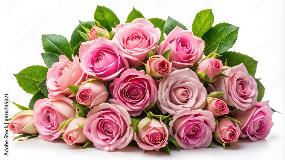 Freshly picked pink rose flowers arranged beautifully in a stunning bouquet, delicate petals and greenery isolated on a pure white background. Freshly picked pink rose flowers arranged beautifully in a stunning bouquet, delicate petals and greenery isolated on a pure white background.