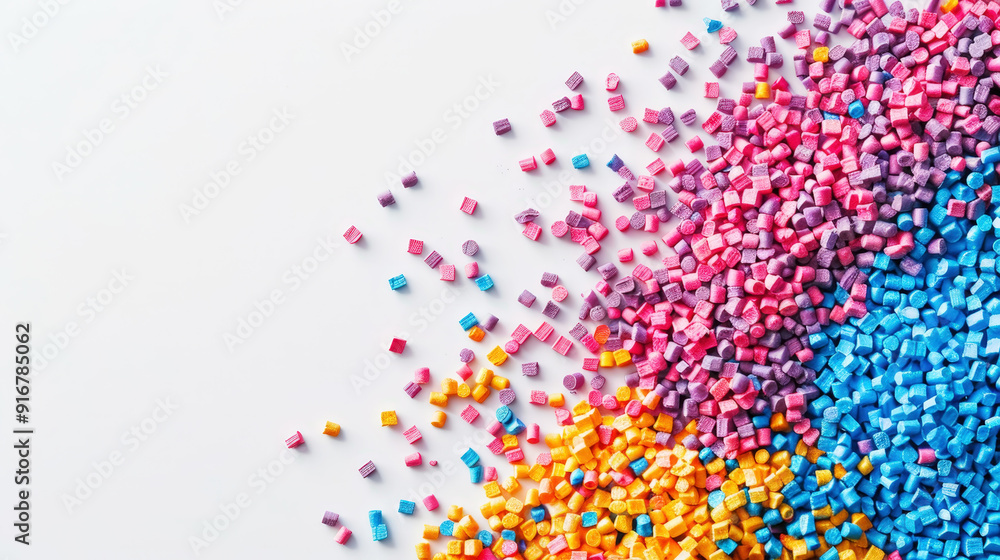 Fototapeta premium Top view of colorful polymer masterbatch granules, light background, industrial plastic template. Generative AI