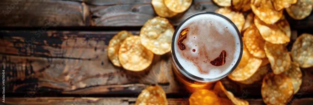 Glass cup of cold beer with crunchy potato chips on wooden table in bar from above Glass cup of cold beer with crunchy potato chips on wooden table in bar from above