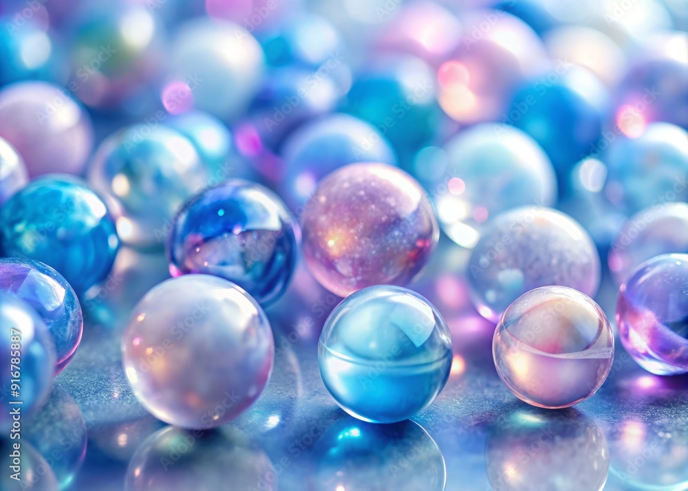 Softly blurred grey background showcases a collection of transparent water color marbles with swirls of blue, pink, and purple, emitting an ethereal, dreamy atmosphere. Softly blurred grey background showcases a collection of transparent water color marbles with swirls of blue, pink, and purple, emitting an ethereal, dreamy atmosphere.