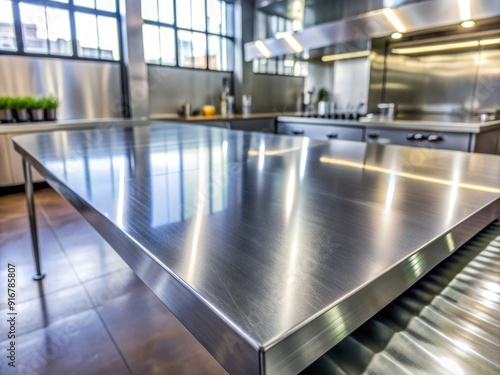 Shiny stainless steel surface reflects light, revealing subtle scratches and hints of fingerprints on the modern, industrial kitchen countertop or laboratory workstation background.