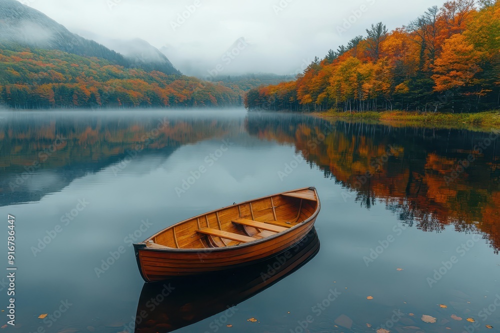 aerial view of a solitary wooden rowboat on a mirrorlike autumn lake vibrant fall foliage reflects perfectly in the still water misty mountains loom in the distance creating a serene panorama aerial view of a solitary wooden rowboat on a mirrorlike autumn lake vibrant fall foliage reflects perfectly in the still water misty mountains loom in the distance creating a serene panorama