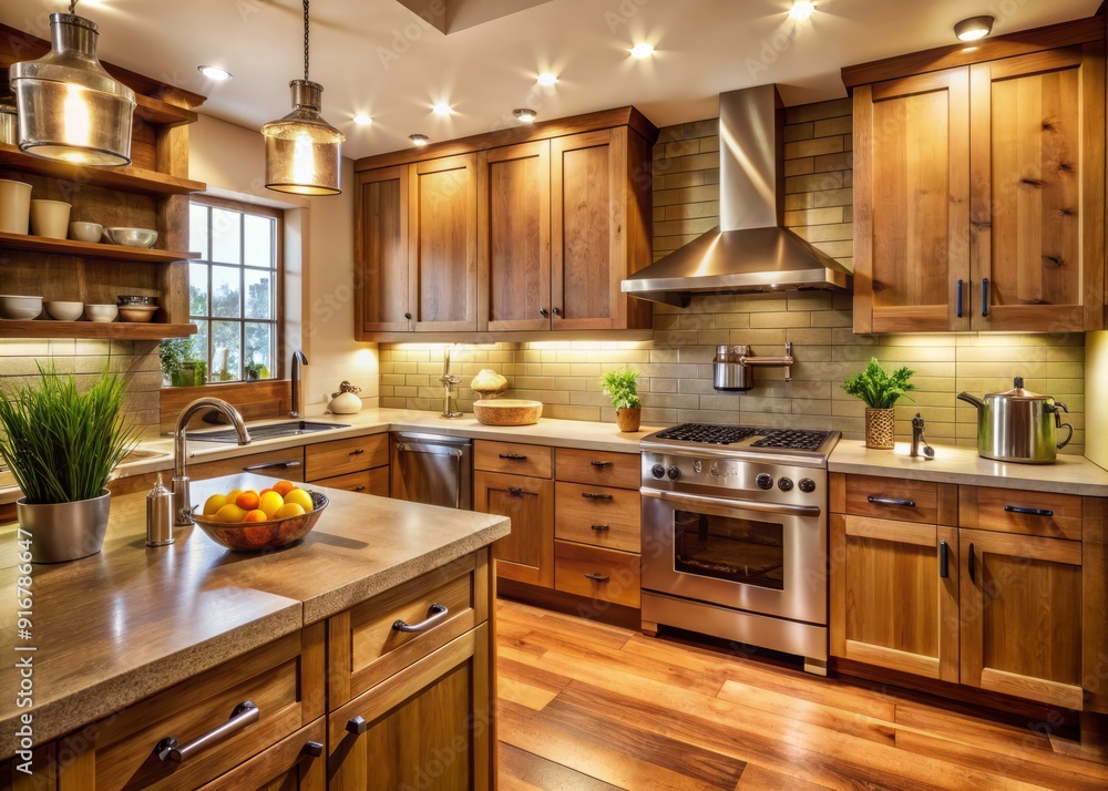 Fototapeta premium Cozy kitchen interior with rustic wooden cabinets, stainless steel appliances, and utensils, featuring a warm beige background and soft natural light filtering in.