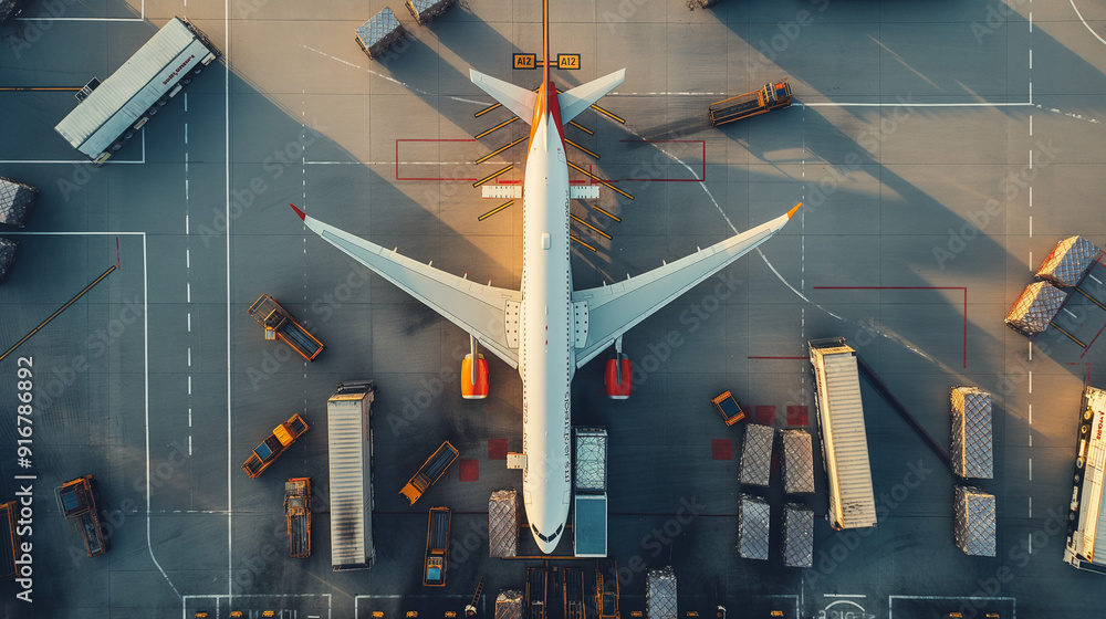Airborne Efficiency: Aerial View of Cargo Unloading at the Airport Airborne Efficiency: Aerial View of Cargo Unloading at the Airport