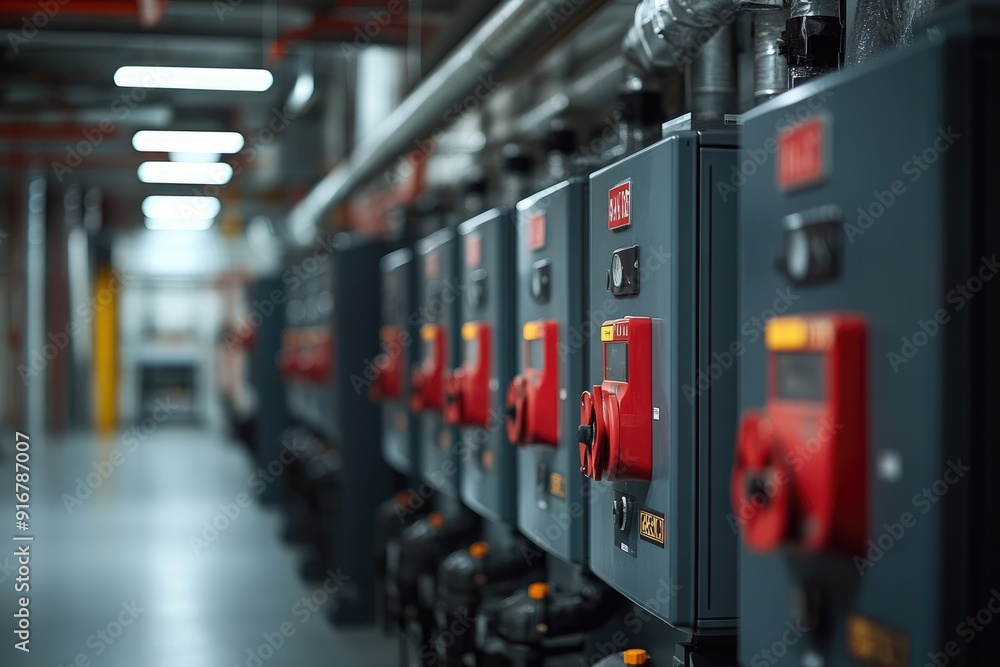 Control panels with red emergency stop buttons are monitoring industrial process Control panels with red emergency stop buttons are monitoring industrial process