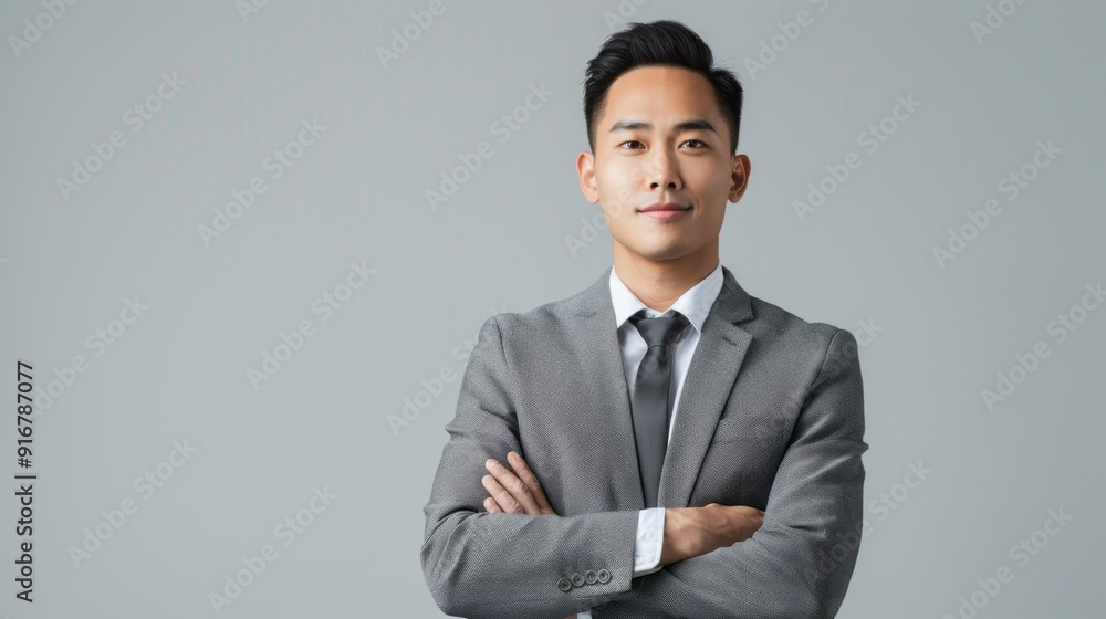 A man in a gray suit and tie is standing with his arms crossed A man in a gray suit and tie is standing with his arms crossed