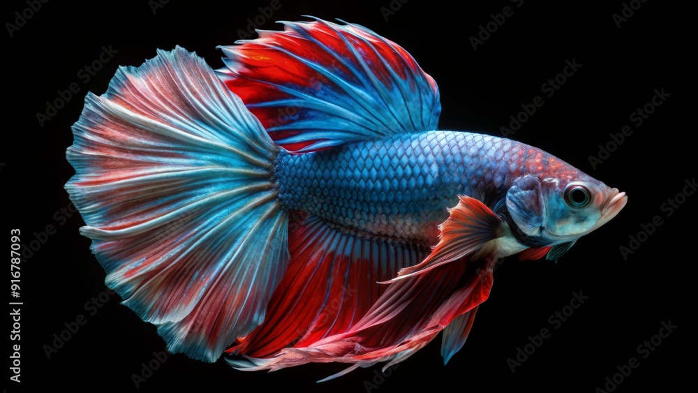 Fototapeta premium 8k, realistic photo, high detailed, macro view, beautiful betta fish underwater photography isolated on black background. Generative ai