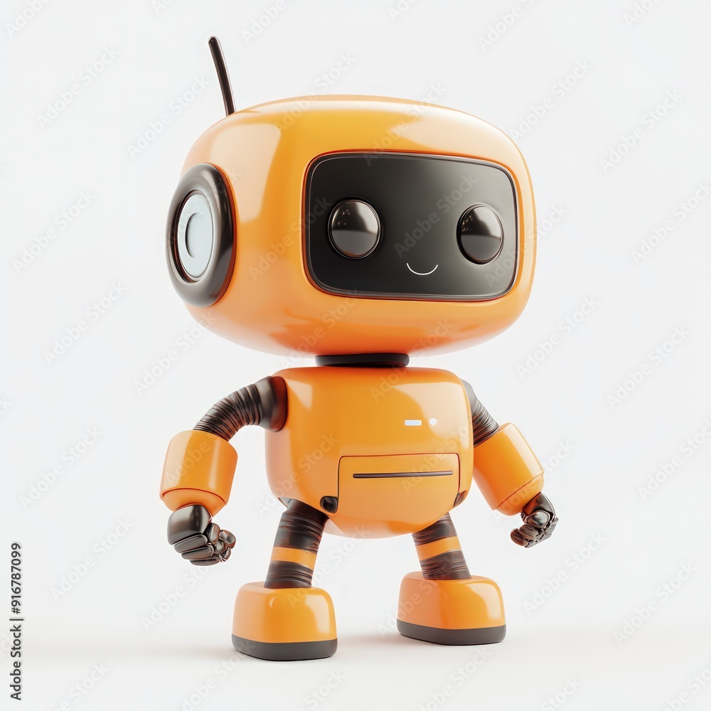 A robot with a smile on its face stands on a white background A robot with a smile on its face stands on a white background