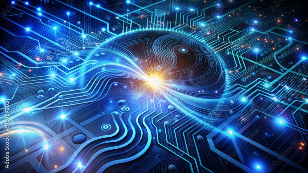 Obraz premium Futuristic digital technology background featuring swirling circuits, microchips, and glowing blue wires, representing innovative artificial intelligence and machine learning advancements.