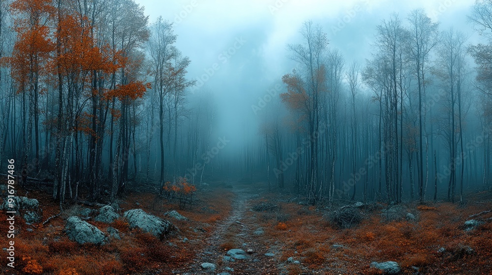 Obraz premium Dirt road leading through foggy autumn forest