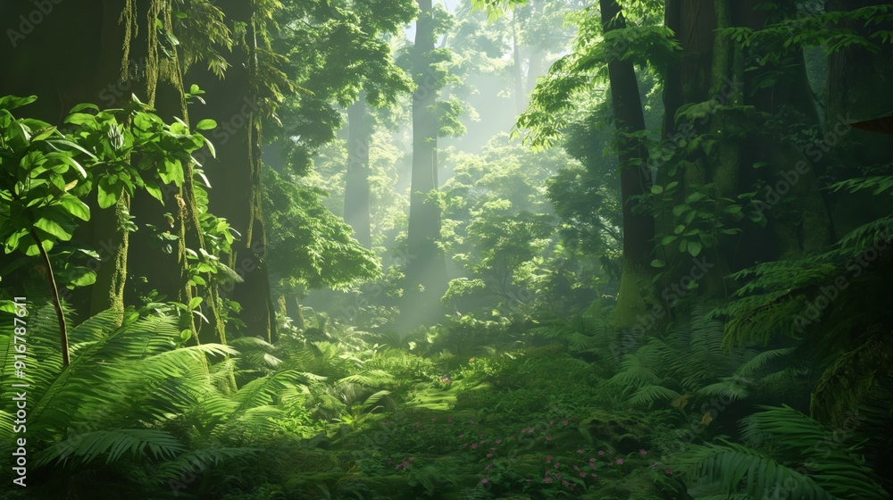 Lush Tropical Rainforest Dense Greenery and Sunlit Foliage for Eco-Tourism and Conservation Lush Tropical Rainforest Dense Greenery and Sunlit Foliage for Eco-Tourism and Conservation