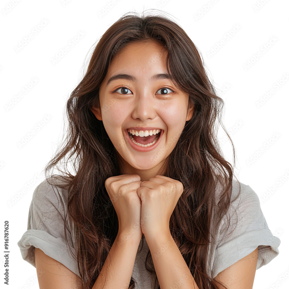 A woman with long hair is smiling and holding her hands up in the air A woman with long hair is smiling and holding her hands up in the air