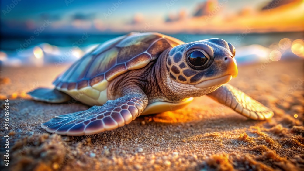 Adorable baby sea turtle's tiny flippers and shell glisten in the sunlight, its curious eyes and soft skin capturing the innocence of new life. Adorable baby sea turtle's tiny flippers and shell glisten in the sunlight, its curious eyes and soft skin capturing the innocence of new life.