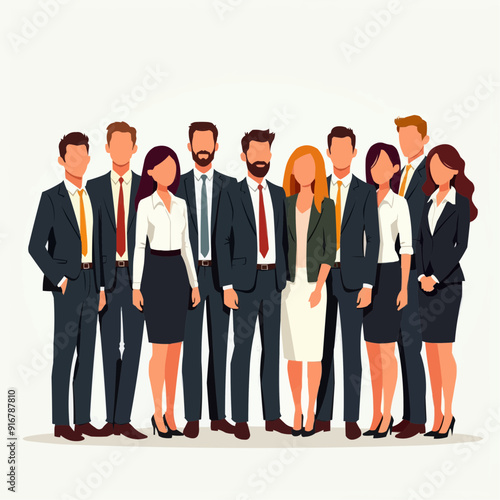 Vector illustration of group of business people standing. Diverse business people standing, men and women full length. Inclusive business concept. Vector illustration isolated on white background