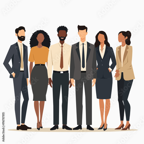 Vector illustration of group of business people standing. Diverse business people standing, men and women full length. Inclusive business concept. Vector illustration isolated on white background