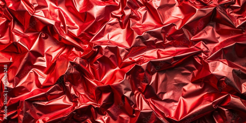 Vibrant red metallic foil wrapping paper texture with crinkled, wavy folds and subtle sheen, perfect for festive gifts, celebrations, or luxury product designs. Vibrant red metallic foil wrapping paper texture with crinkled, wavy folds and subtle sheen, perfect for festive gifts, celebrations, or luxury product designs.