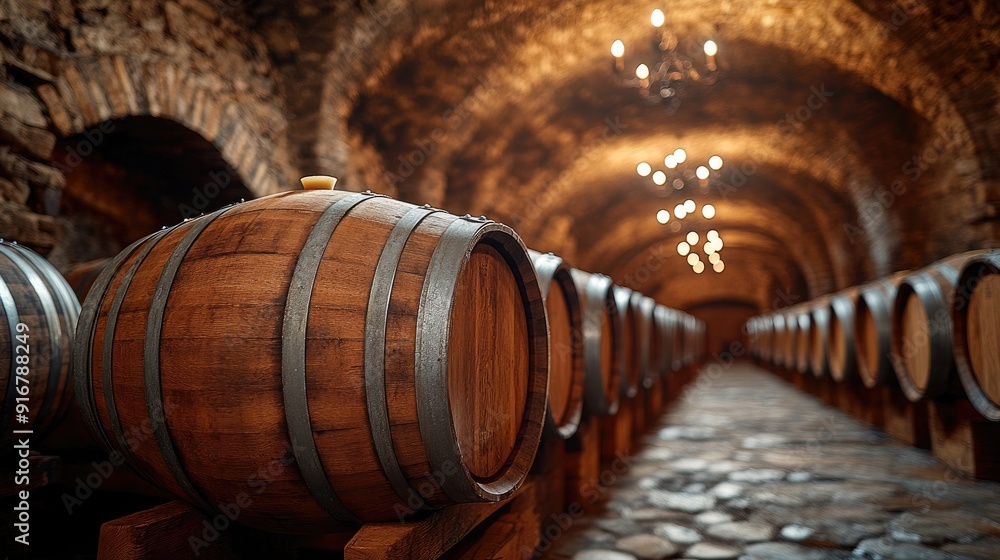 Wine cellar storing alcohol in oak barrels for production Wine cellar storing alcohol in oak barrels for production